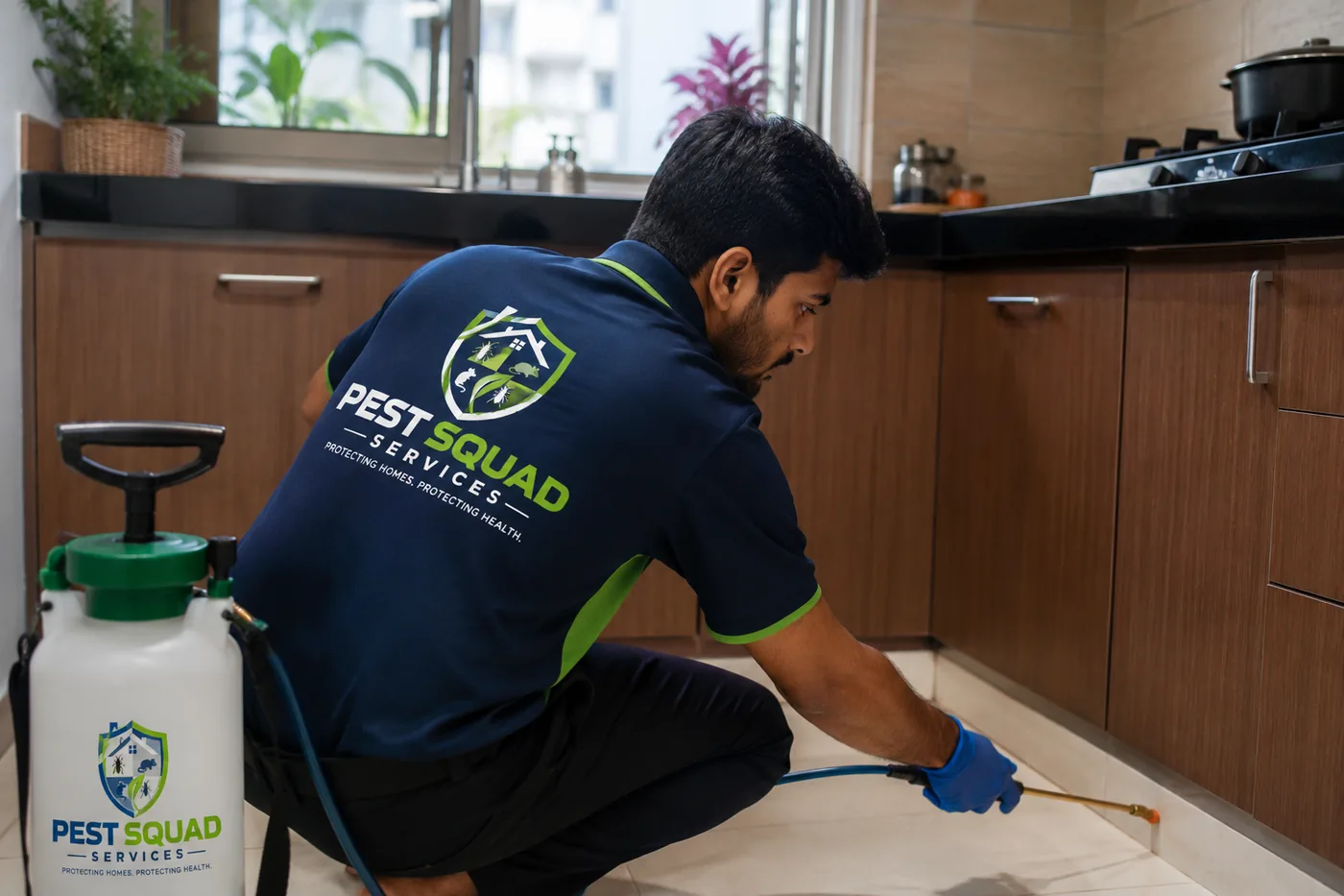 Certified Pest Squad technician treating a Bangalore home